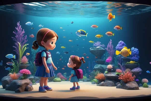 Teacher female and little student girl with aquarium vector illustration design