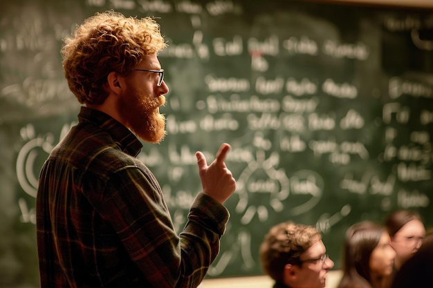 A teacher giving an engaging lecture in front of a chalkboard covered in equations Ai generated