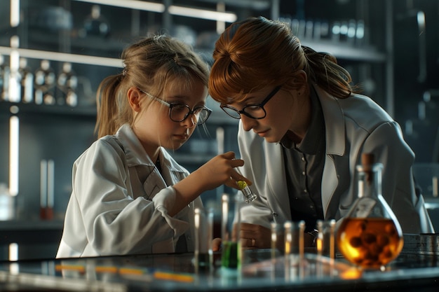 Teacher guiding student in science experiment