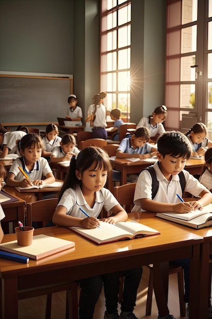 teacher helping learn children