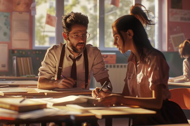 Photo teacher helping student with assignment in classro