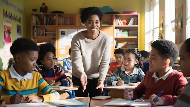 Teacher helping students in class