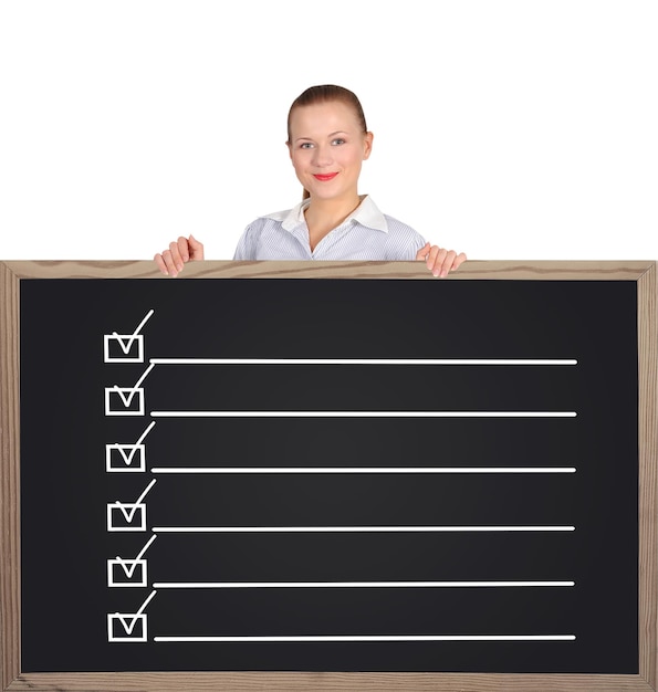 teacher holding big blank blackboard