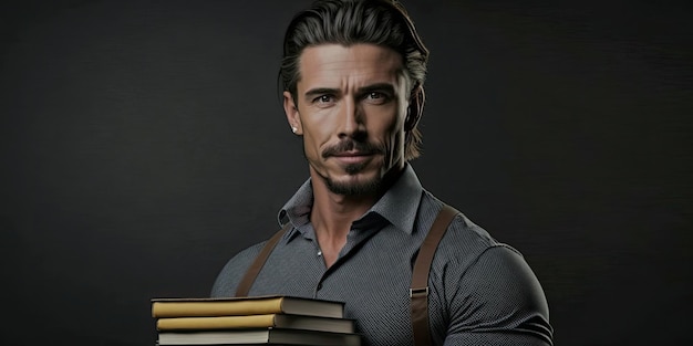 A teacher holding a stack of books standing in front of chalkboard background for teacher's day