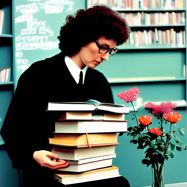 Photo a teacher holds the book in the library room