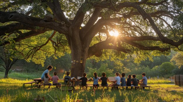 Teacher instructing diverse group of children outdoors under a large tree during a sunny day