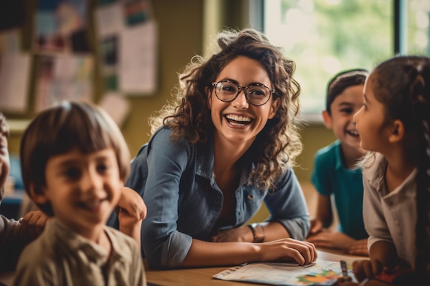 Photo the teacher is teaching children at school