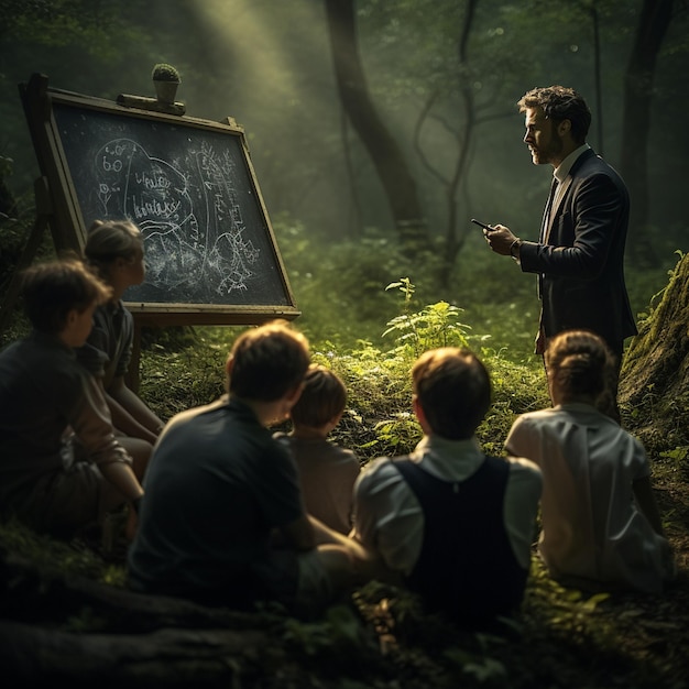 A teacher is teaching in the dark green forest Photographic