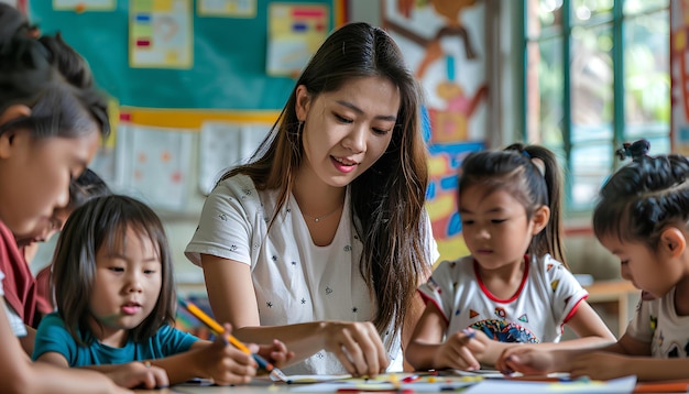 teacher is teaching elementary school students back to school concept teacher day concept detail
