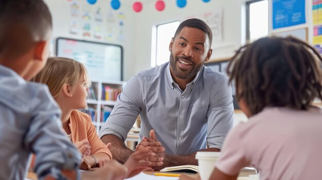 A teacher leading a classroom lesson with engaged students