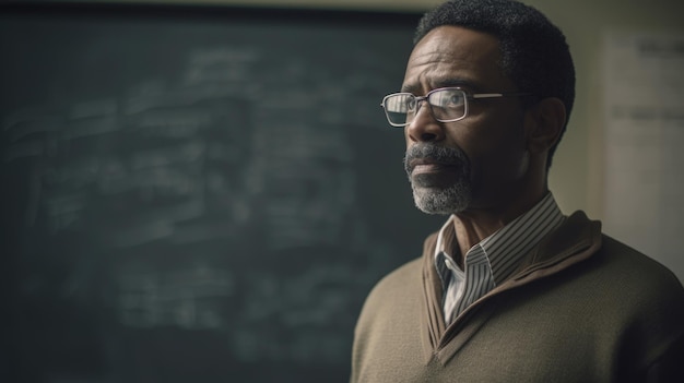 Teacher Male AfricanAmerican Middleaged Standing in front of a classroom with a chalkboard in Indoor classroom Generative AI AIG22