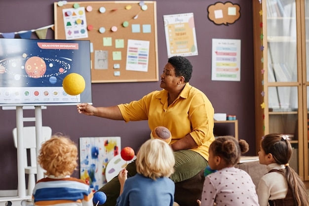 Teacher of nursery school holding model of sun while making presentation of solar system to little l