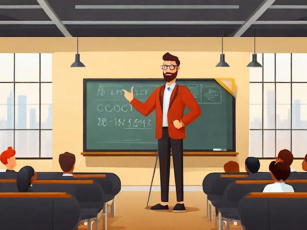 Teacher Professor Standing in Front of Blackboard Teaching Students in Classroom University College High School Lesson Flat Vector Illustration