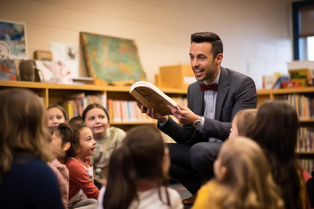 A teacher reading a book with students in the background