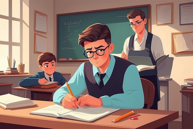 Teacher reprimands guilty sad and bad pupil boy not learned his homework lessonguilty student boy and teacher