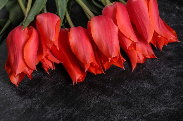 Photo teacher's day or day of knowledge, mother's day. red tulips on a chalk board. top view. back to school