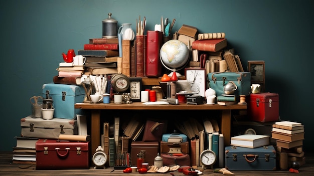 Photo teacher's first aid kit tons of books a big blackboard