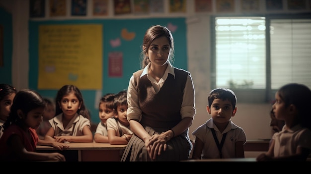 A teacher sits in front of a board that says'the word love'on it