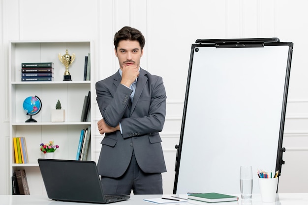 Teacher smart instructor in grey suit in classroom with computer and whiteboard thinking standing