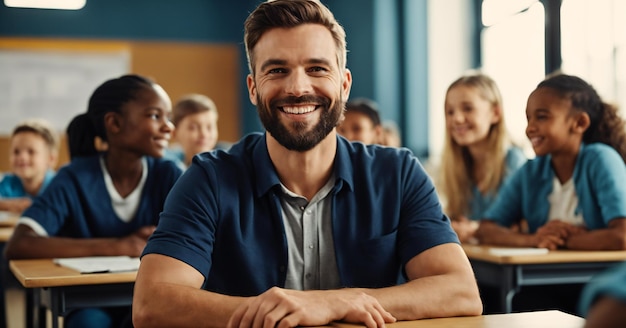 Teacher smiling in front with group of students in classroom