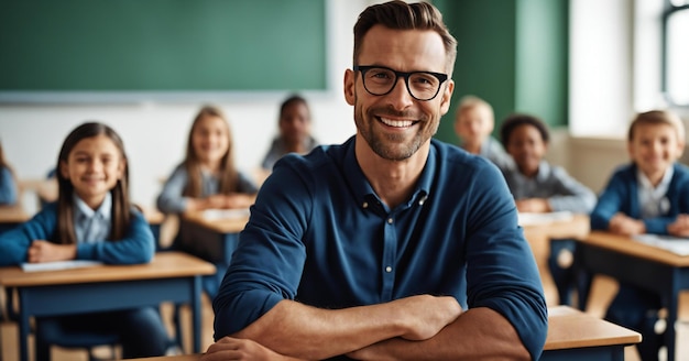 Teacher smiling in front with group of students in classroom