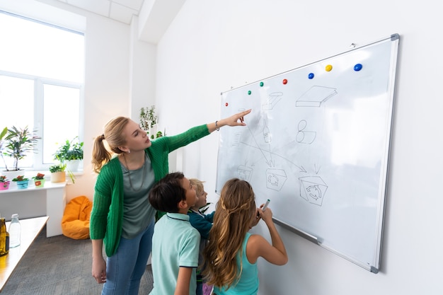 Teacher speaking. Blonde teacher standing near whiteboard with pupils speaking about litter sorting