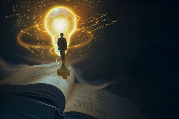 Photo a teacher standing on a book with a light bulb above him