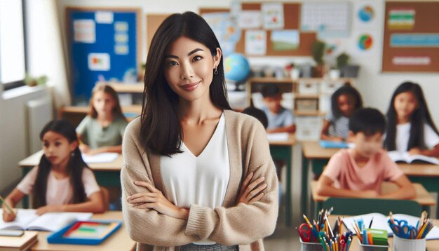 Photo teacher standing with arms crossed in front of the class