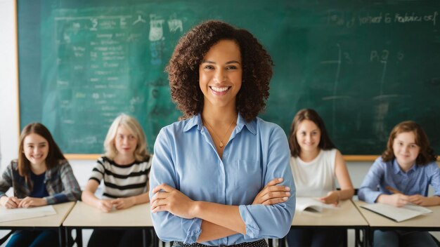 a teacher stands in front of a blackboard with her students in the background