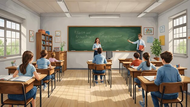 a teacher stands in front of a chalkboard with children in a classroom