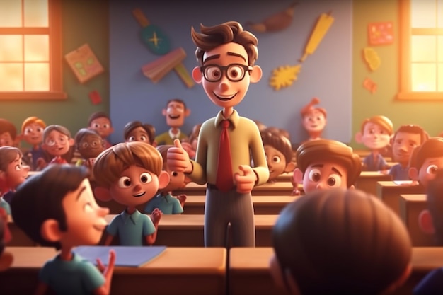 A teacher stands in front of a classroom full of students.