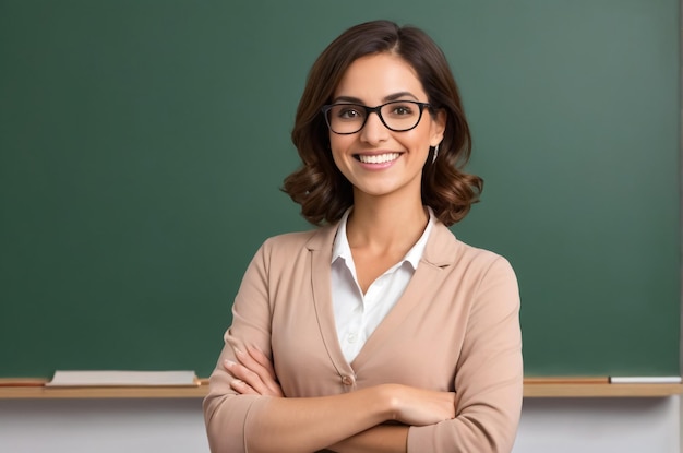 Photo a teacher stands in front of a green board behind her