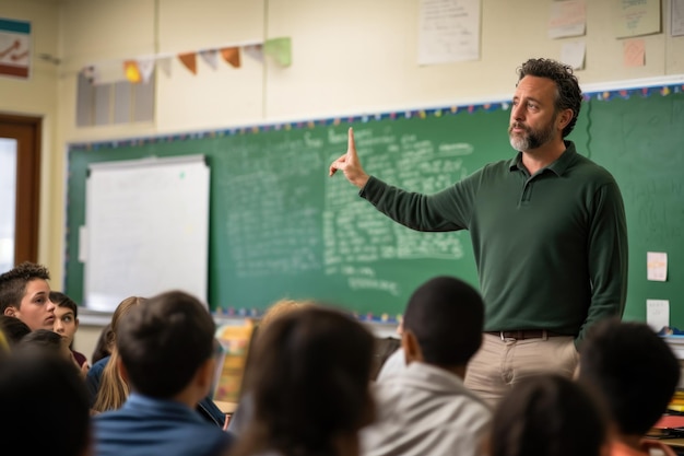 Teacher stands near a green school board and asked his students a question in elementary school