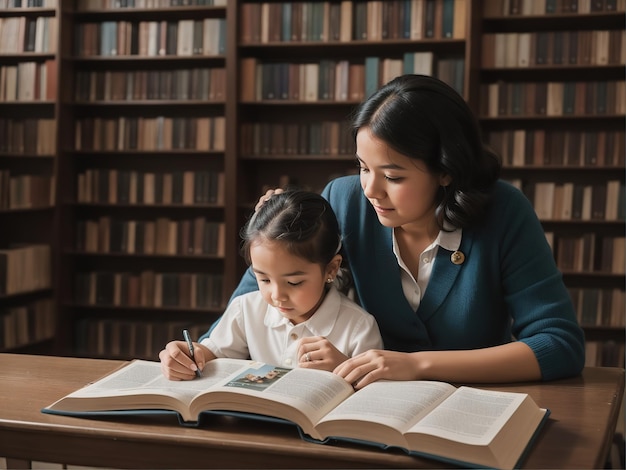 A teacher and student inside the school library