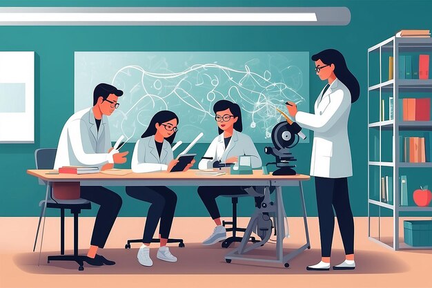 teacher and students exploring the possibilities of CRISPR technology in genetic modification