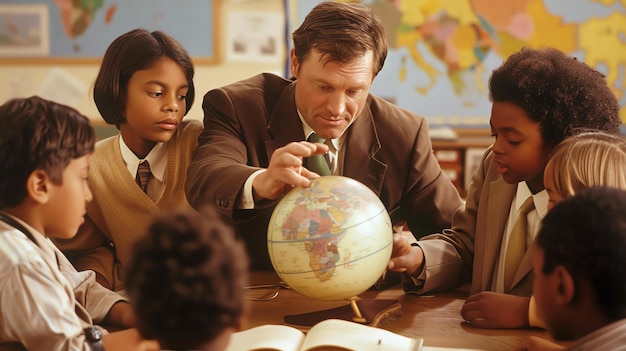 Photo teacher and students gathered around a globe