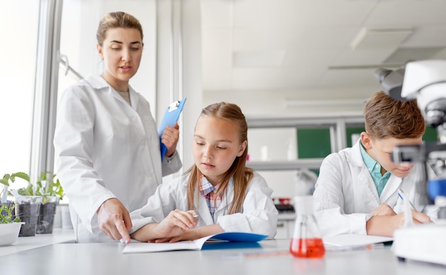 teacher and students studying chemistry at school