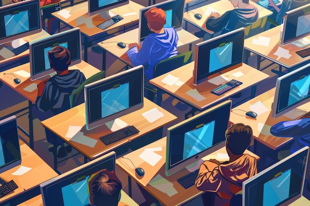 Teacher supports students in computer class for learning technology