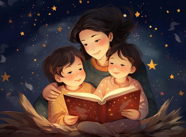 The teacher teaches the child to read the mother reads to the childchildren's book illustrations