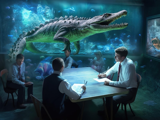 Teacher teaching about dinosaur hologram class board virtual education ai generated