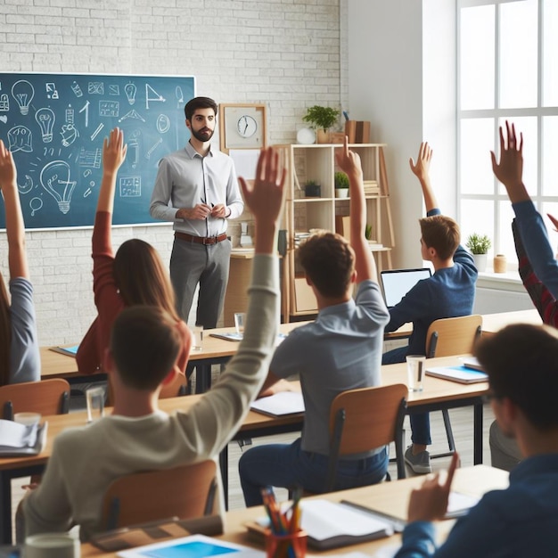 teacher teaching in class and students raising their hands to ask question with enthusiastically