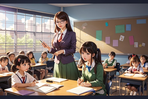 Teacher teaching students in the classroom scene