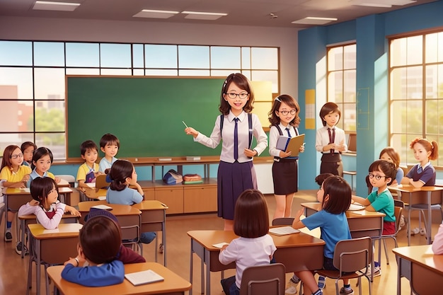 Teacher teaching students in the classroom scene