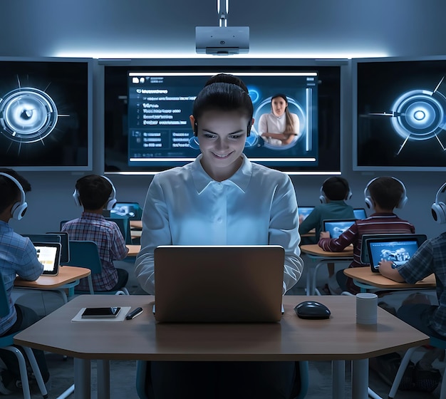 teacher using laptop in classroom