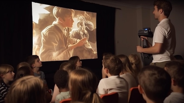 A teacher using a projector to show a video to a group of students, education stock images