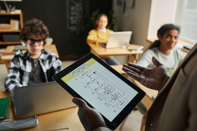 Teacher using tablet pc at lesson