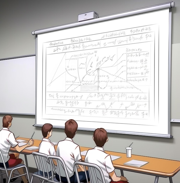 학생 들 에게 개념 을 설명 하기 위해 화이트보드 를 사용하는 교사, 교육 스 ⁇  이미지