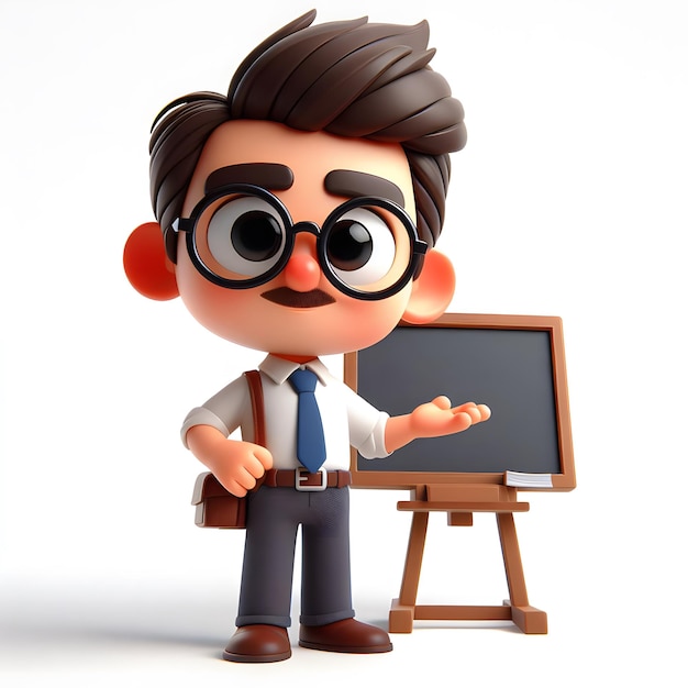 a teacher with glasses and a black board