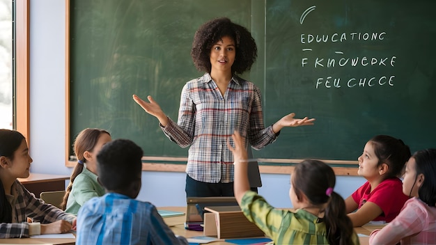 a teacher with a group of students in front of a chalkboard that says  math