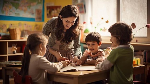 教室 に いる 学校 の 子供 たち と の 教師